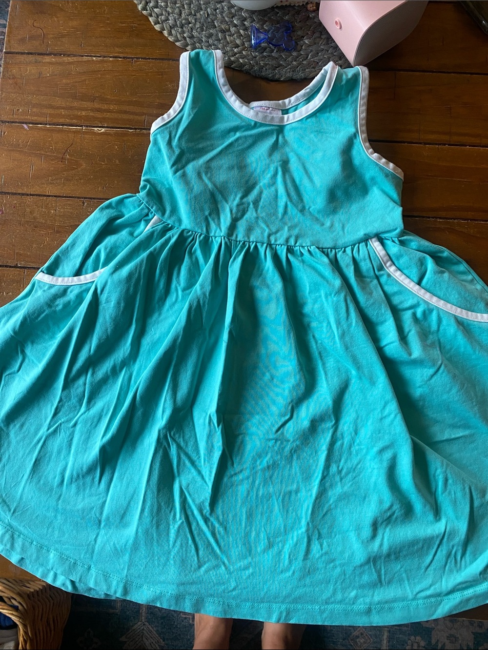 Girls' Turquoise Sleeveless Cotton Dress with White Trim